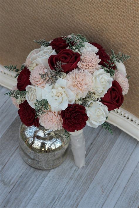 Burgundy Blush Pink And Ivory Sola Wood Bridal Wedding Bouquet