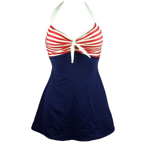 Vintage Sailor Pin Up Swimsuit One Piece Skirtini Cover Up Swimdress