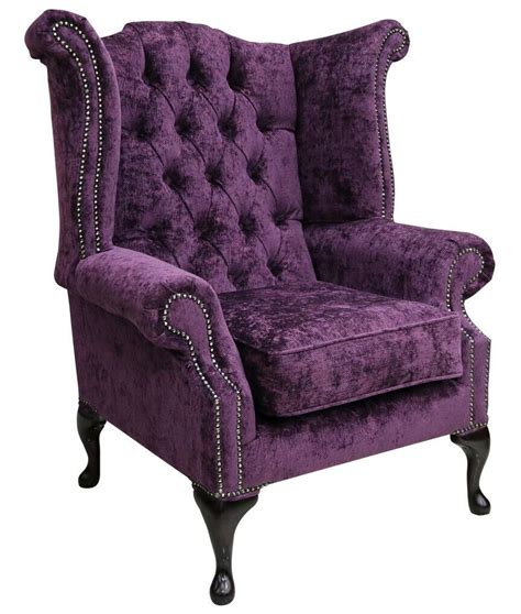 Chesterfield Queen Anne High Back Wing Chair Nuovo Plum Purple Fabric