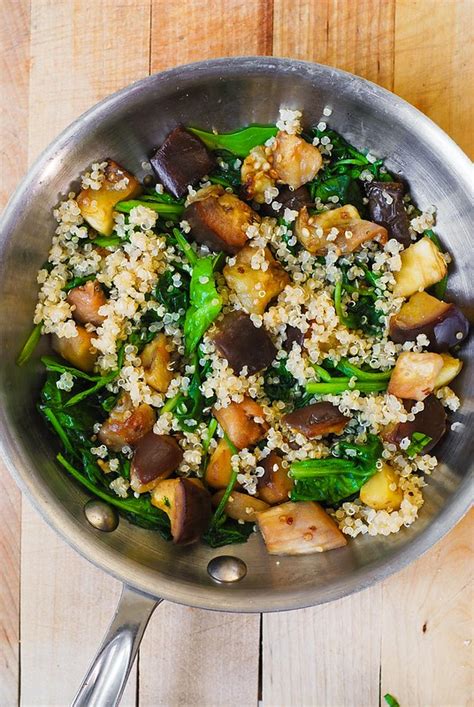 A yummy, healthy main dish with black beans and quinoa. Roasted Eggplant, Spinach, Quinoa, and Feta Salad - Julia ...