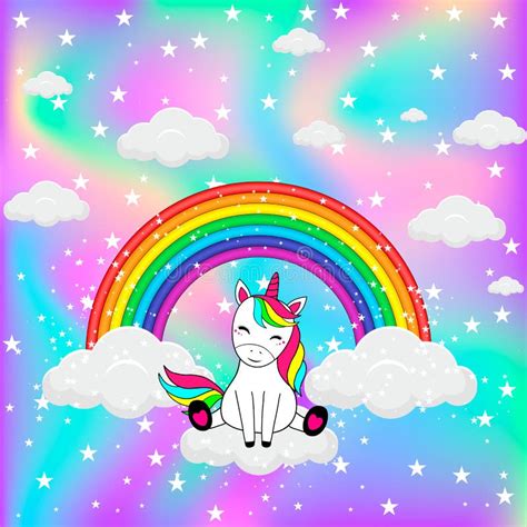 Cute Unicorn On Clouds With Stars Cartoon Vector Illustration Stock