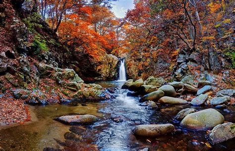 Waterfall In Autumn Forest Fall Waterfall Autumn Forest Rocks