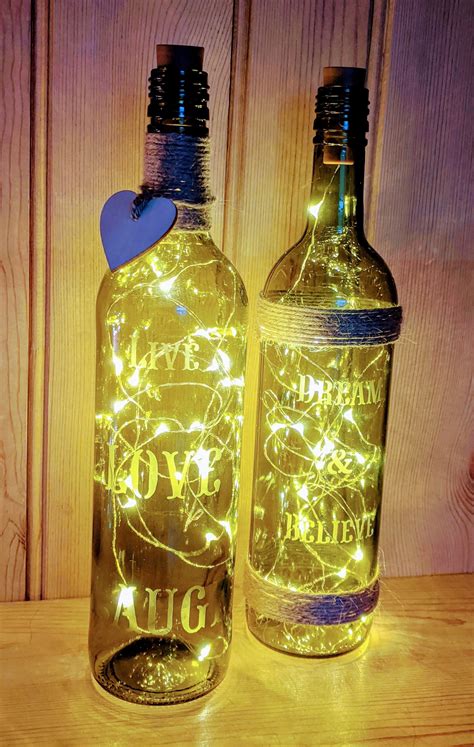 Recycled Wine Bottle Filled With Lights And Engraved Etsy
