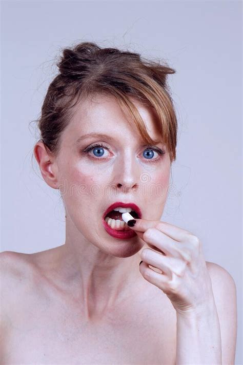 Woman Putting Pill Into Mouth Stock Image Image Of Pill Mouth