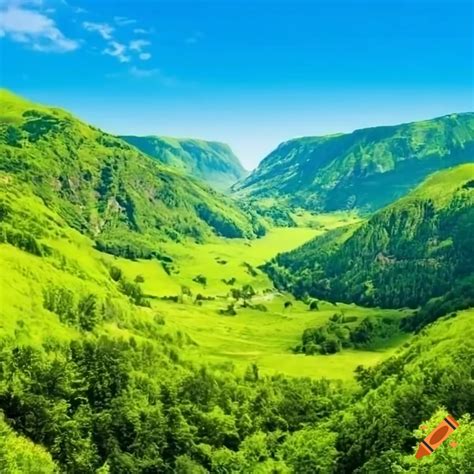 Breathtaking Panorama Of Lush Green Valleys Below A Clear Blue Sky