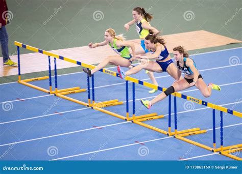 Sumy Ukraine February 22 2020 Sportswomen On 60m Hurdles Sprint At