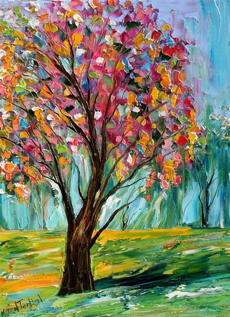 Original Oil Painting Spring Tree Landscape Palette Knife Fine Art