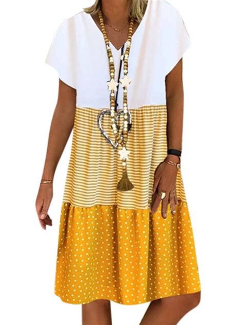 Women Short Sleeve Polka Dot Striped Summer Midi Dress Plus Size Casual