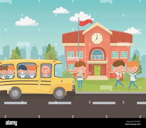 School Building And Bus With Kids In The Landscape Scene Vector