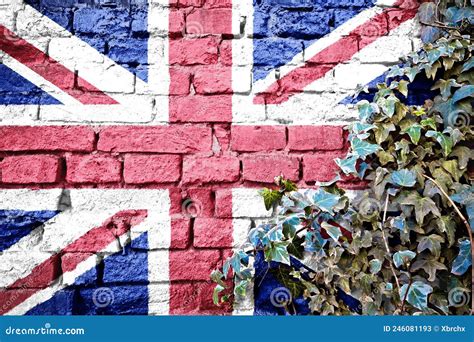 United Kingdom Grunge Flag On Brick Wall With Ivy Plant Stock Image