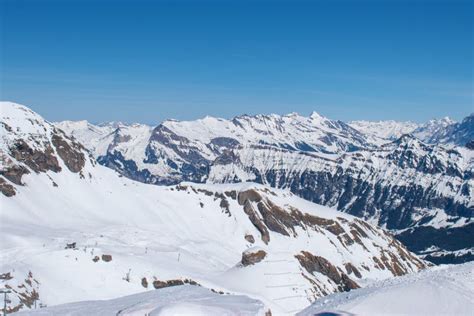 Swiss Mountain Peak After Snowfall With Panoramic View Of Murren