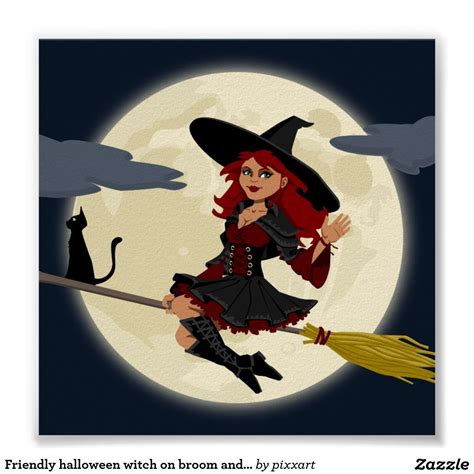 Friendly Halloween Witch On Broom And Black Cat Poster