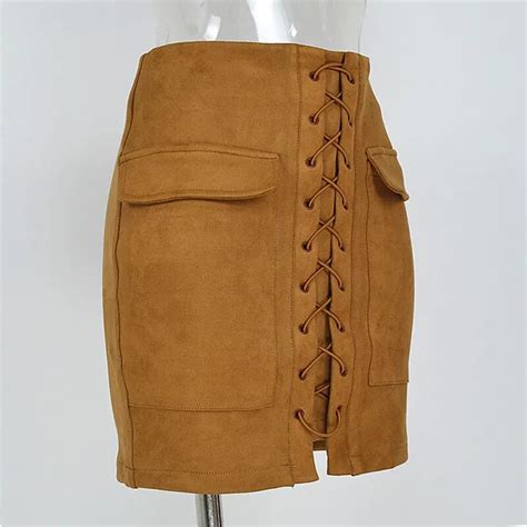 Vintage High Waist External Pocket Tight Suede Mini Skirt