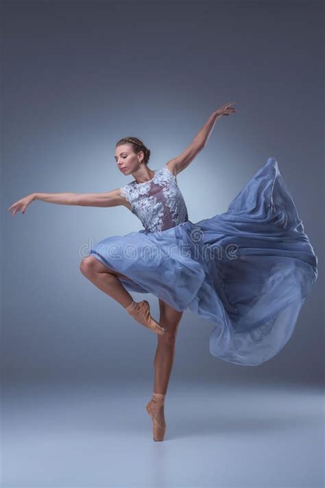 The Beautiful Ballerina Dancing In Blue Long Dress Stock Image Image