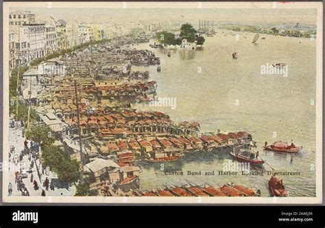 Illustrated Postcard Of An Aerial View Of The Bund And Harbor At Canton