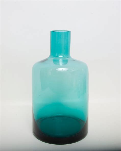 Vintage Teal Glass Round Bottle Vase Cut And Polished Rim Etsy