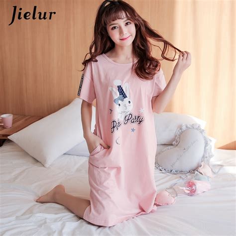 Jielur Sweet 100 Cotton Nightgowns Women Short Sleeve Sleepwear Dot Print Sleepshirts Loose