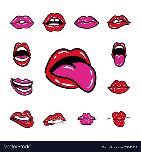 bundle thirteen mouths pop art line and fill vector image