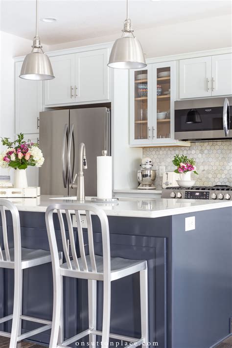 Blue And White Kitchen With Navy Blue Kitchen Island On Sutton Place