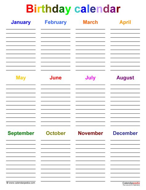 Birthday Calendars Free Printable Pdf Templates