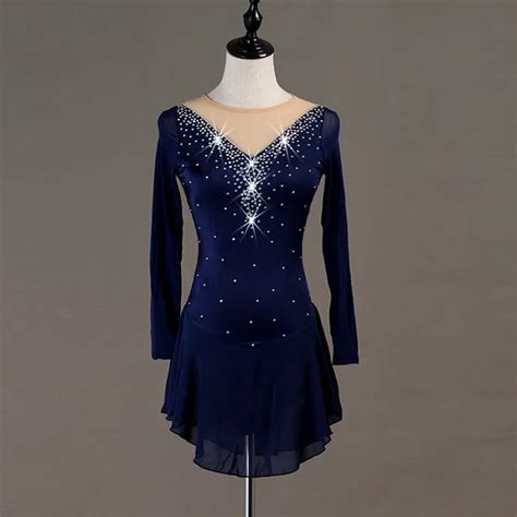 figure skating dress women deep blue long sleeve shiny rhinestone professional skating dress