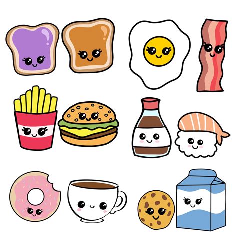 An Assortment Of Food And Drinks With Faces Drawn On The Side