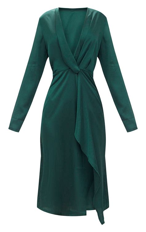 Emerald Green Satin Long Sleeve Wrap Midi Dress Prettylittlething Aus