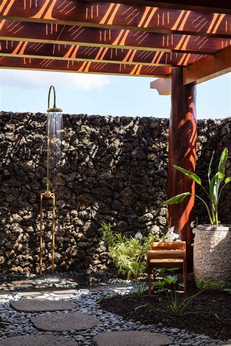 Outdoor Shower In Hawaii With Lava Stone Wall