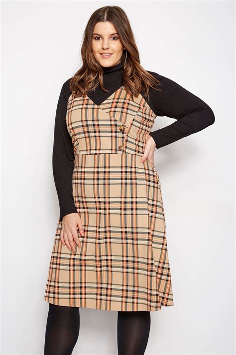 Plus Size Limited Collection Orange And Beige Wrap Front Check Pinafore