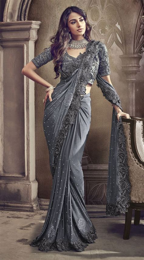 Grey Designer Sarees In 2019 Stylish Sarees Designer Sarees Wedding Saree Dress Saree Look
