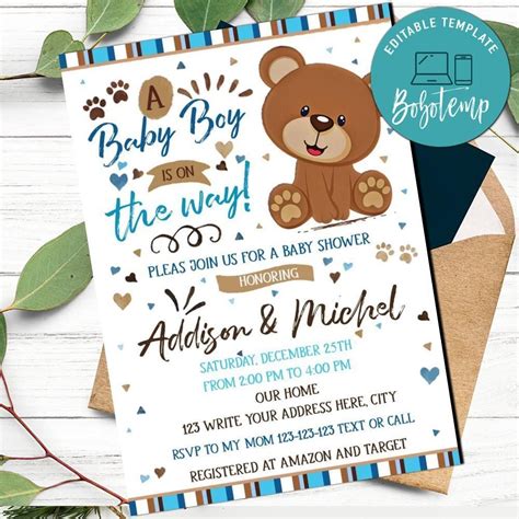 Brown Teddy Bear Baby Shower Invitation Template Diy Createpartylabels