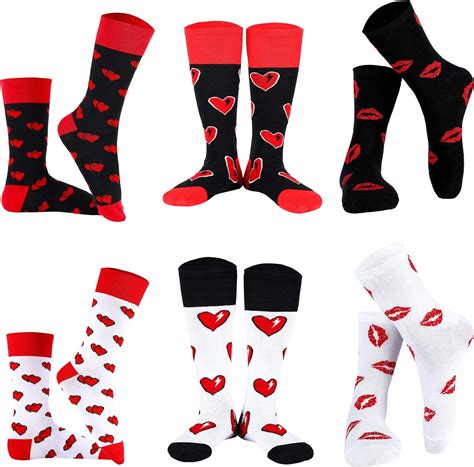 6 Pairs Valentines Day Socks Couple Heart Crew Socks Novelty Funky Red Lips Pattern