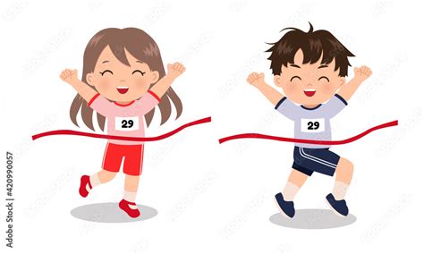 Vetor De Cute Girl And Boy Winning First Place In Running Race