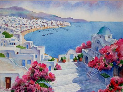 Watercolor Path To The Harbour Mykonos Painter Unknown Acrylic Oil