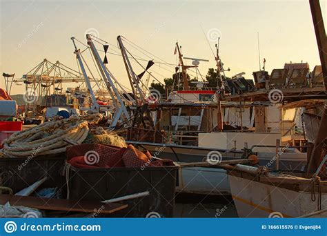 Scenic View Of The Moored Fishing Boats In Harbor Of Koper Mooring Of