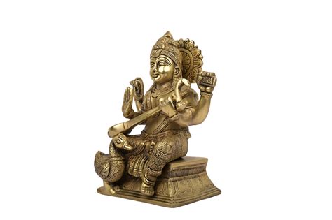 Lord Saraswati Sitting On Hans Holding Veena In Hand Brass Statue