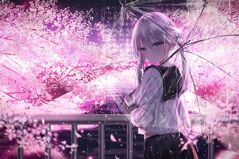 Anime Girl With Umbrella Outdoors Looking Back 5k Hd