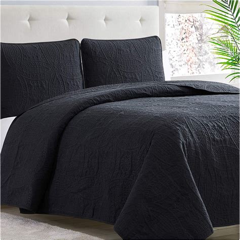 Full Queen Cal King Size Solid Black Oversized 3 Pc Quilt Set Coverlet