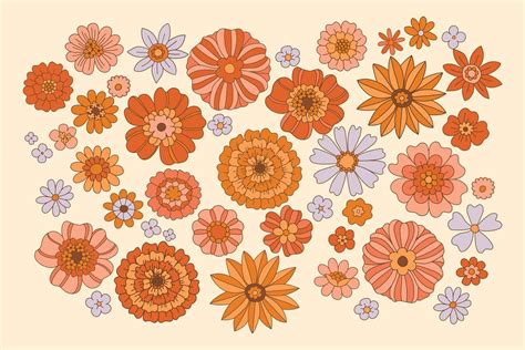 70s Flowers Hippie Aesthetic Vector Illustration Set Of Floral