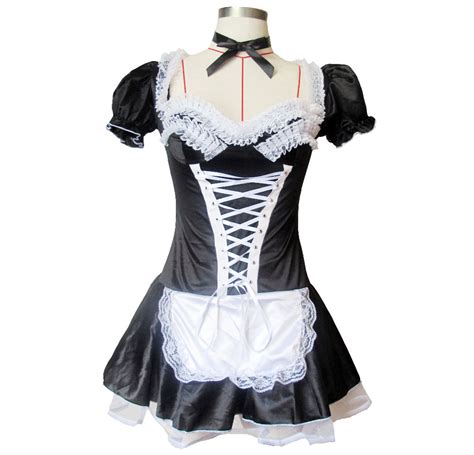 Adult Women French Maid Costume Black Short Lacing Apron Dress Girls