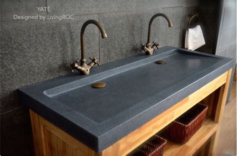 Continuous lines create these unique bathroom wonders, where a glass sided basin and bath are directly connected, or an via: 47" x 19" Trendy Double trough gray Granite Stone Double ...