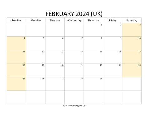 February 2024 Calendar Printable With Bank Holidays Uk