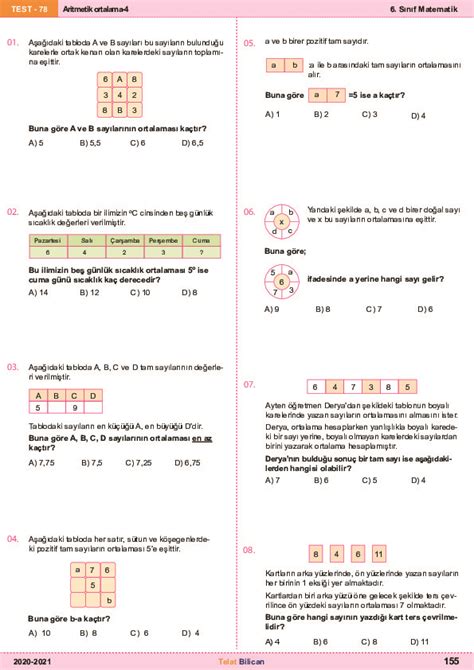 S N F Matematik B Test Aritmetik Ortalama Yaprak Test Derslig