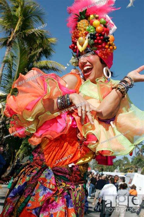 Carmen Miranda Character On Stilts Colorful Hispanic Actress Stock