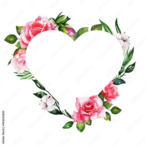 Watercolor Valentines Day Floral Heart Frame With Rose Greenery Leaves