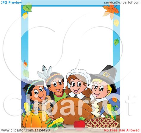 Cartoon Of Happy Pilgrims And Indians Sharing A Thanksgiving Feast