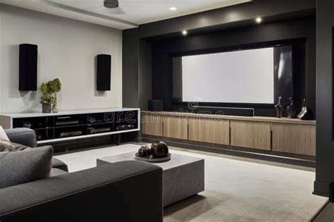 Modern Media Room Featuring Large Screen Tv And Wall Mounted Speakers