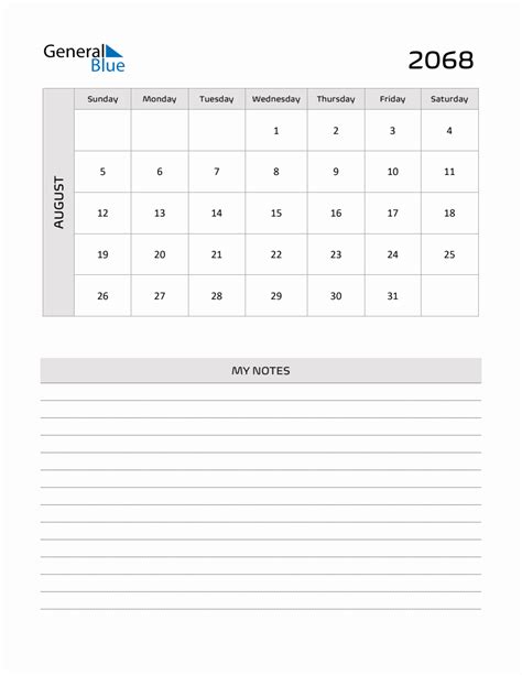 August 2068 Printable Monthly Calendar With Notes
