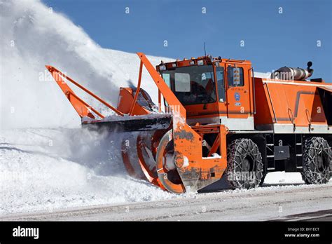 Snow Blower Vehicle Removing Snow From Mountain Road Large Vehicle