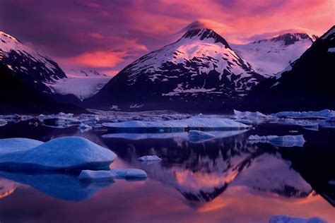 Glaciers Cold Mountain Sunset Nature Alaska Snowy Peak